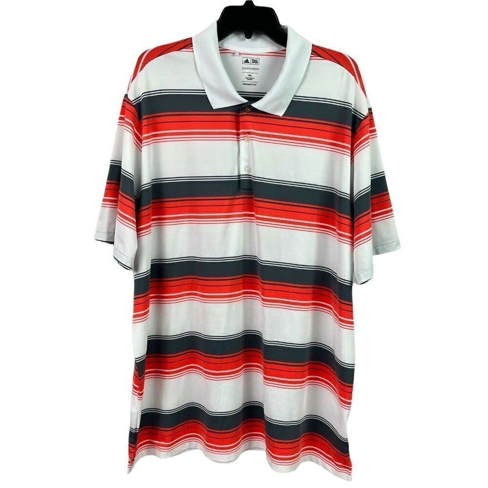 Adidas Pure Motion Polo Golf Shirt Mens 2XL Gray Orange White Stripe Stretch